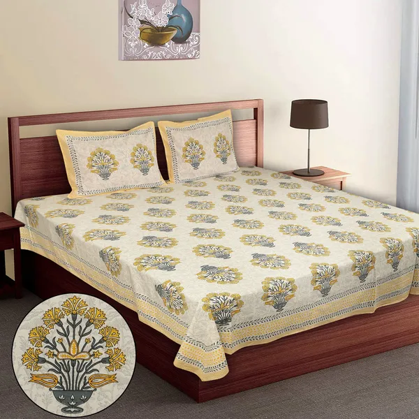 Yellow_Cotton_Rajwada_Empire_Double_Bedsheet_With_Pillow_Cover_108_X_108_Cm